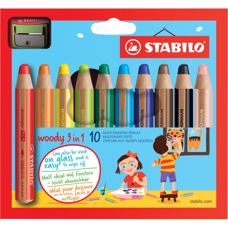 STABILO® Multitalent-Stift STABILO® woody 3 in 1 · Kartonetui mit 10 Stiften und 1 Spitzer