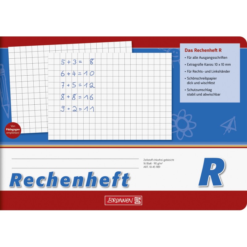 Rechenheft  DIN A5 quer · Lineatur R · Extragroße Kästchen (10 x 10 mm) · 16 Blatt · 90 g/m² Premiumpapier